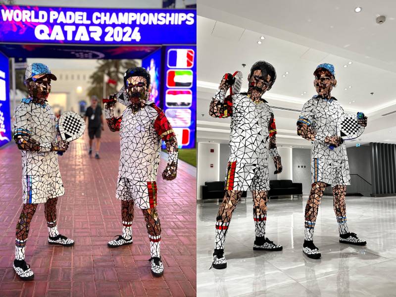 Qatar Padel Championship 2024, divertissement personnages miroirs, événement Doha divertissement, performance en direct Qatar, événements Fédération Qatarienne de Tennis, performers miroirs Doha, artistes interactifs événement, divertissement unique événement Doha, performers ambulants Qatar, divertissement championnat de padel